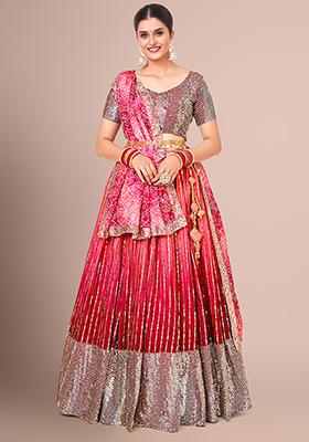 Raspberry Pink Sequin Embroidered Poly Silk Lehenga Set