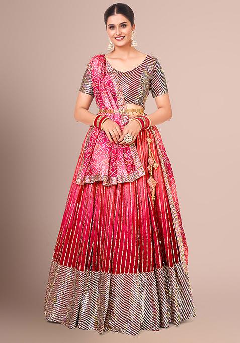 Raspberry Pink Sequin Embroidered Poly Silk Lehenga Set