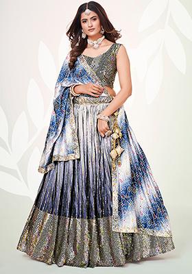 Blue And White Sequin Embroidered Poly Silk Lehenga Set