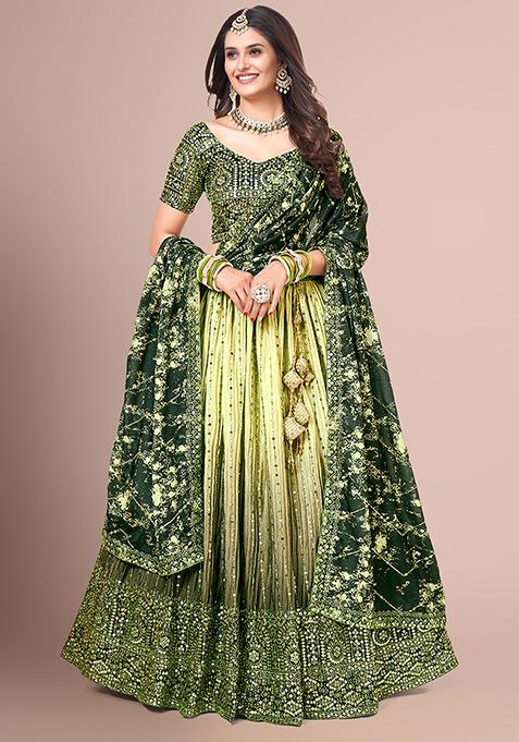 Green And Yellow Sequin Embroidered Poly Silk Lehenga Set