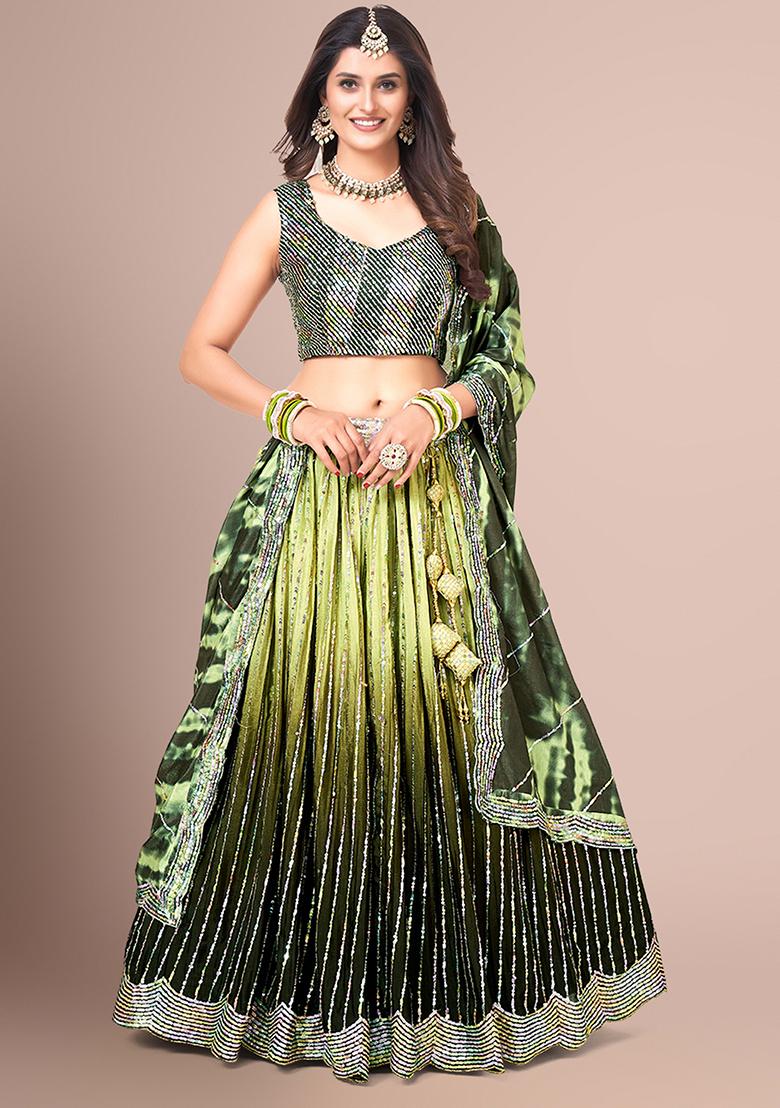 Green And Olive Sequin Embroidered Poly Silk Lehenga Set
