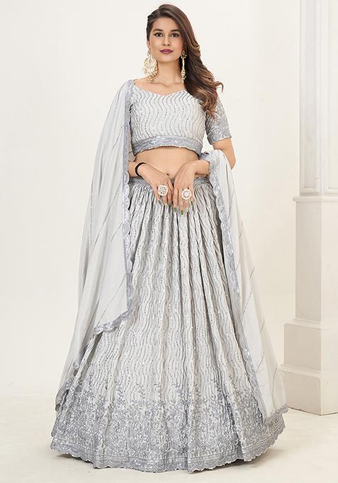 Grey Sequin Embroidered Poly Georgette Lehenga Set