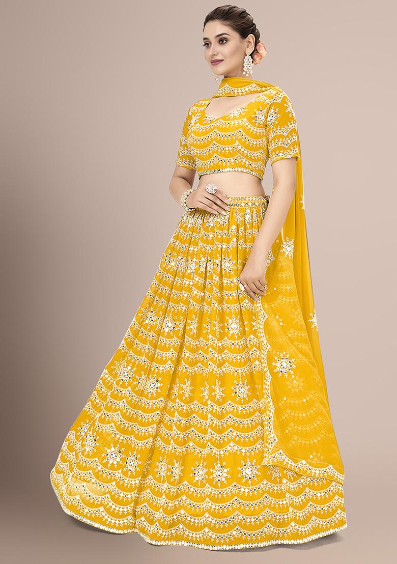 Yellow Embroidered Poly Georgette Lehenga Set