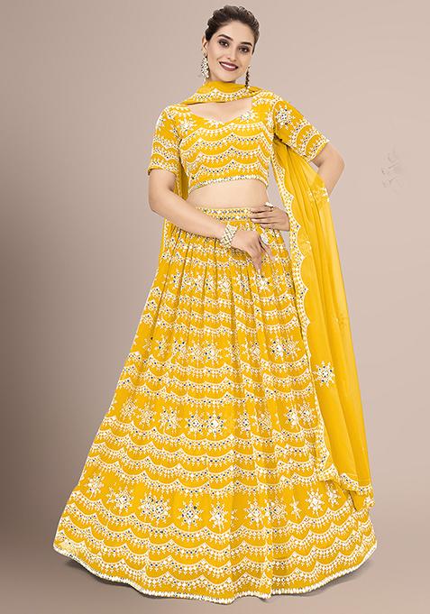 Yellow Embroidered Poly Georgette Lehenga Set