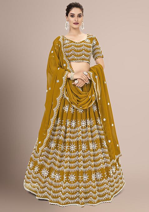 Mustard Yellow Sequin Embroidered Georgette Lehenga Set