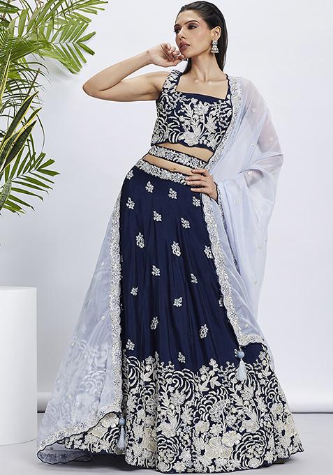 Navy Blue Classic Embroidered Georgette Lehenga Set