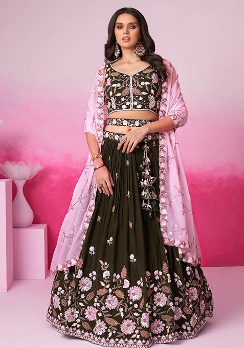 Olive Green Satin Lehenga