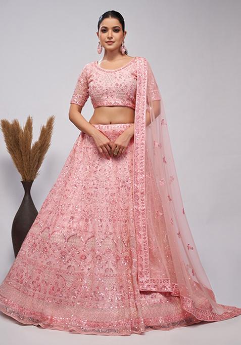 Pink Sequin Floral Stone Embroidered Soft Net Lehenga Set