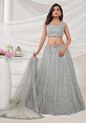 Grey Sequin Embroidered Soft Net Lehenga Set