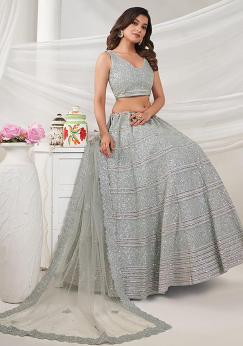 Grey Sequin Embroidered Soft Net Lehenga Set