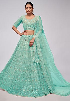 Sky Blue Sequin Bead Embroidered Soft Net Lehenga Set