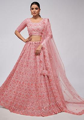 Pink Sequin Stone Embroidered Soft Net Lehenga Set