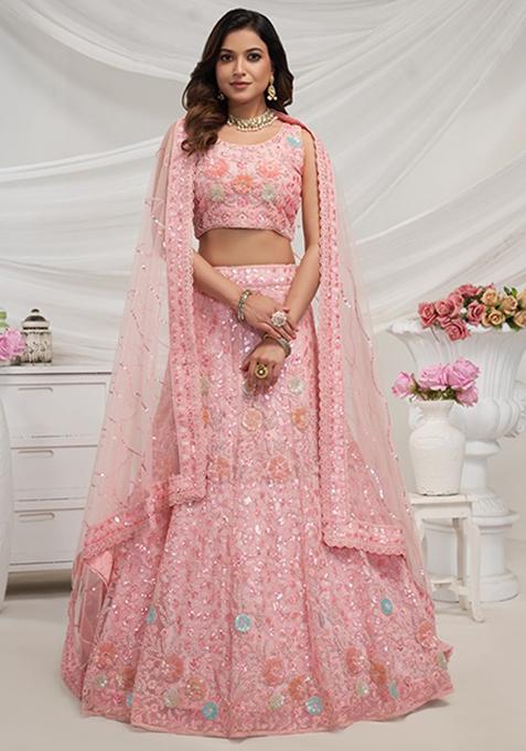 Pink Thread Sequin Floral Embroidered Soft Net Lehenga Set