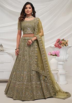 Green Zari Sequin Embroidered Soft Net Lehenga Set