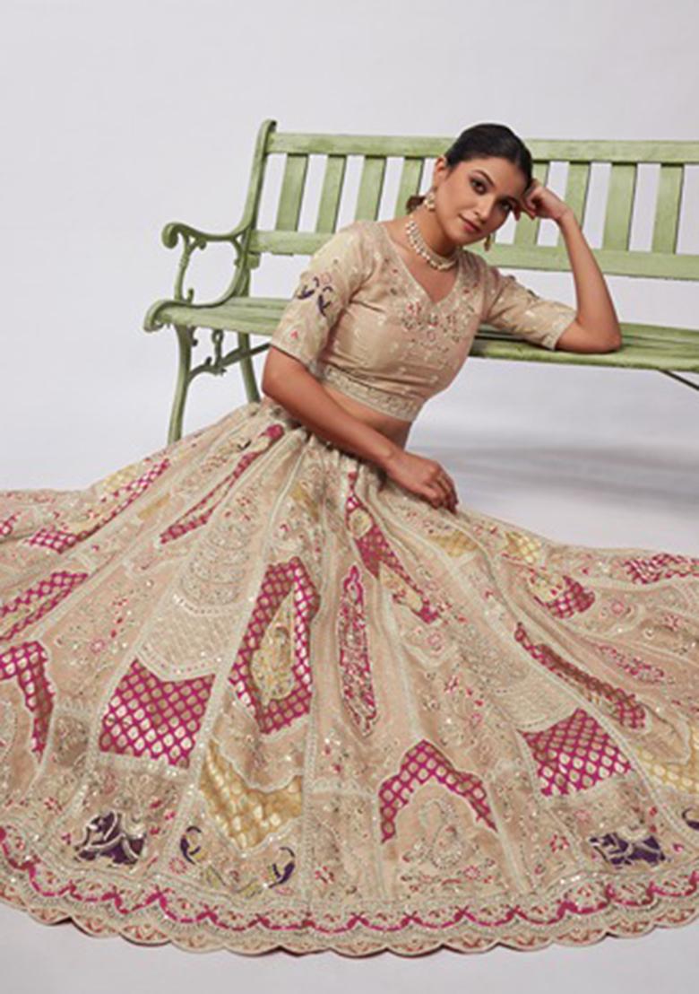 Ivory Embroidered Net Lehenga Set - Indya