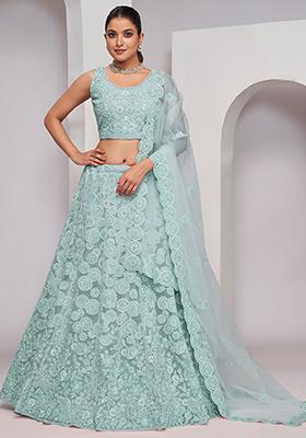 Sky Blue Sequin Thread Embroidered Soft Net Lehenga Set