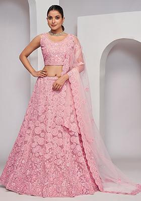 Pink Thread Embroidered Soft Net Lehenga Set