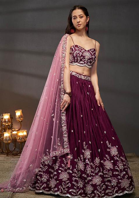 Burgundy Sequin Thread Embroidered Lehenga Set