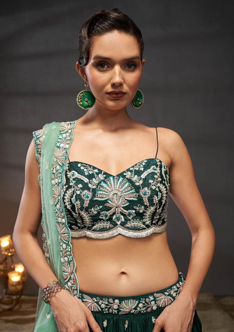 Green Sequin Thread Hand Embroidered Lehenga Set - Indya