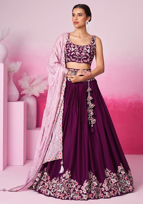 Burgundy Thread Embroidered Georgette Lehenga Set