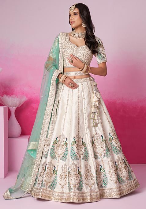 Cream Moti Work Sequin Embroidered Lehenga Set