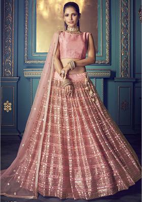Pink Sequin Thread Embroidered Net Lehenga Set