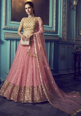 Pink Beige Sequin Thread Embroidered Net Lehenga Set