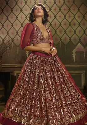 Maroon Sequin Embroidered Net Lehenga Set