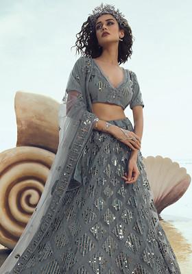 Grey Thread Sequin Embroidered Net Lehenga Set