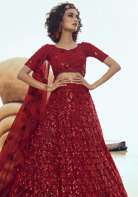 Red Thread Sequin Embroidered Net Lehenga Set