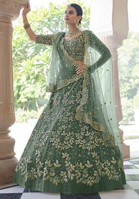 Rama Green Sequin Embroidered Net Lehenga Set