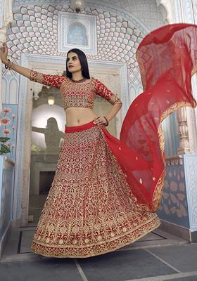 Bright Red Zari Embroidered Net Lehenga Set