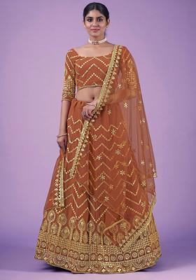Orange Zari Sequin Embroidered Lehenga Set