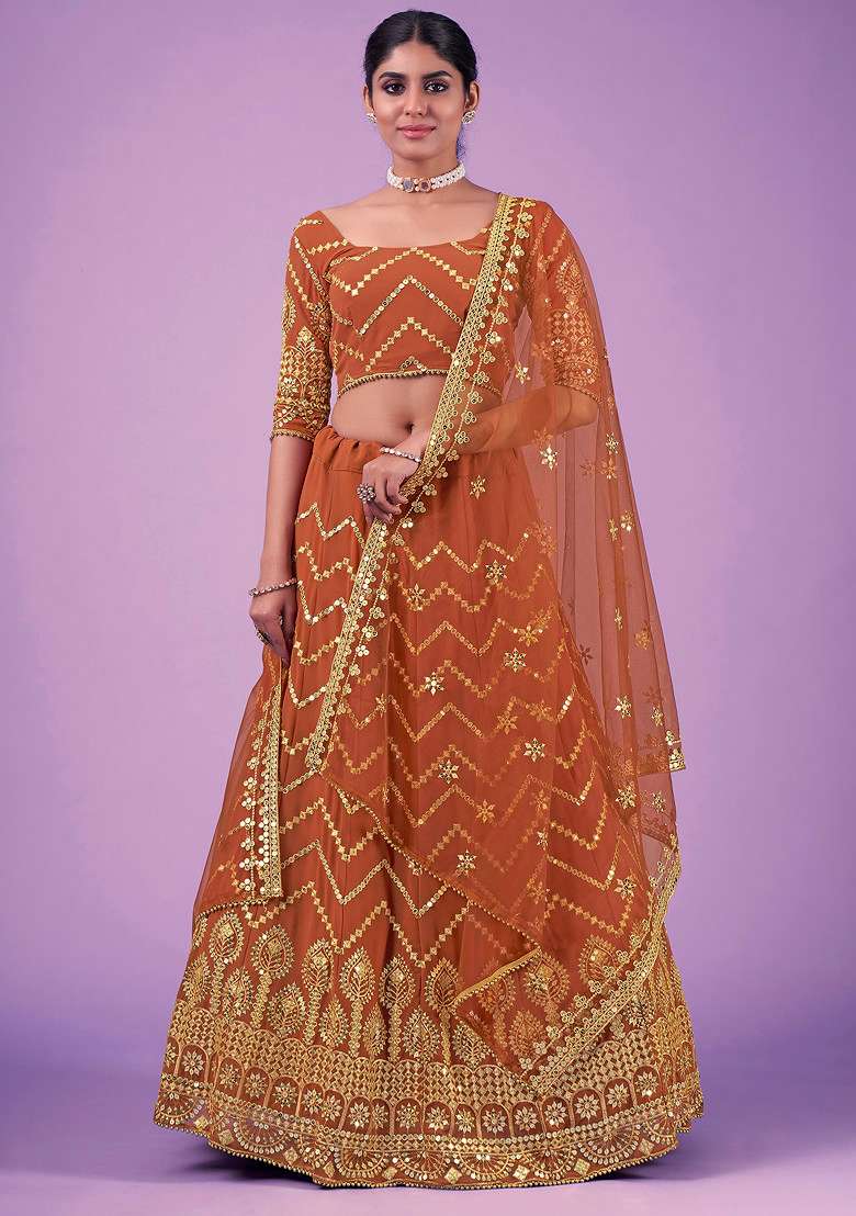 Orange Zari Sequin Embroidered Lehenga Set for Diwali and Festive Wear - Indya