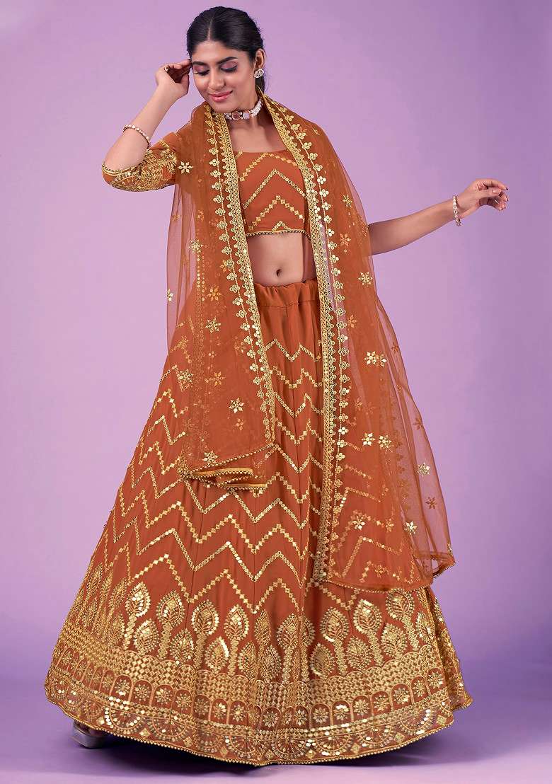 Orange Zari Sequin Embroidered Lehenga Set for Diwali and Festive Wear - Indya