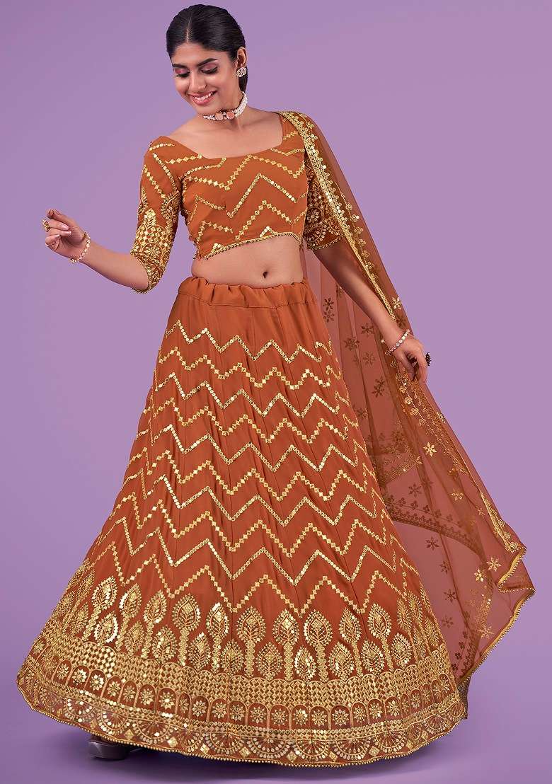 Orange Zari Sequin Embroidered Lehenga Set for Diwali and Festive Wear - Indya