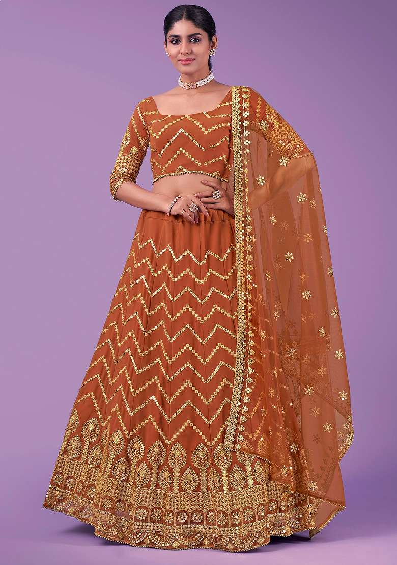 Orange Zari Sequin Embroidered Lehenga Set for Diwali and Festive Wear - Indya