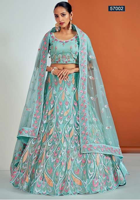 Turquoise Blue Dori Zari Lehenga Set with Embroidered for Diwali | Wedding & Festive Wear