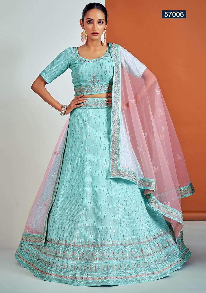 Turquoise Dori Sequin Embroidered Lehenga Set for Diwali and Festive Wear - Indya