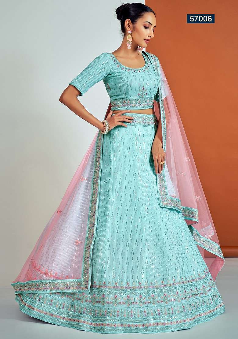 Turquoise Dori Sequin Embroidered Lehenga Set for Diwali and Festive Wear - Indya