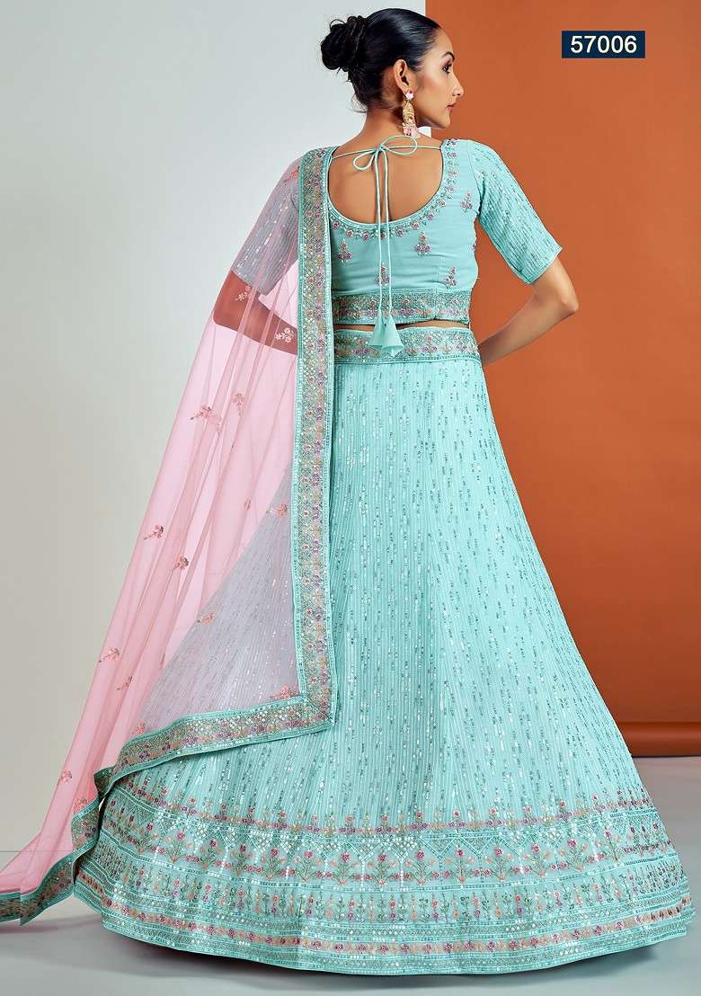 Turquoise Dori Sequin Embroidered Lehenga Set for Diwali and Festive Wear - Indya