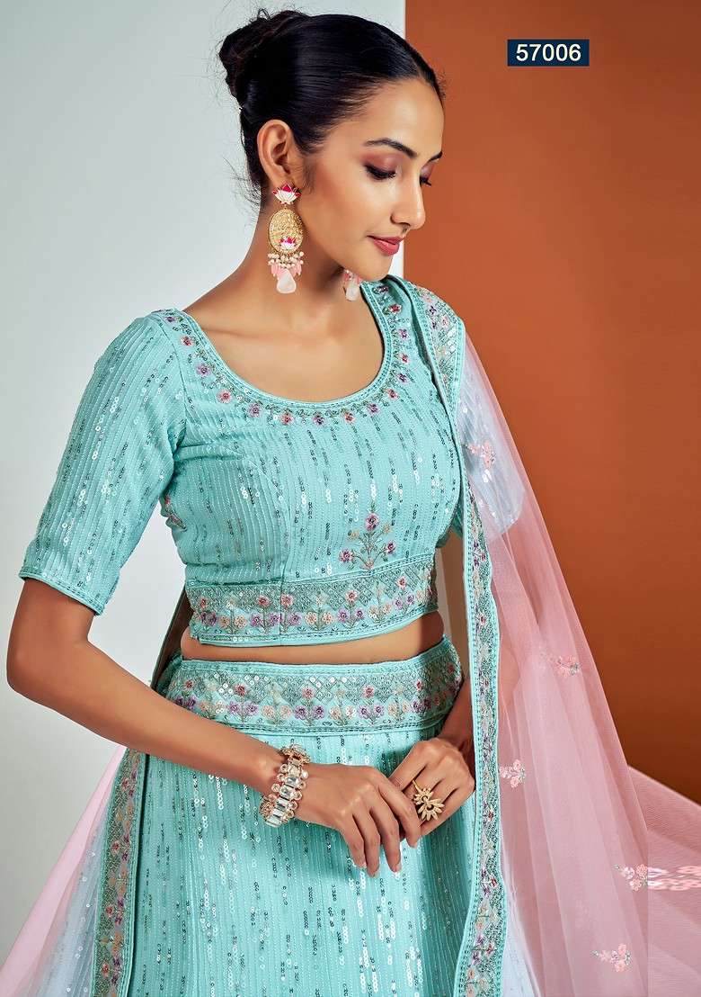 Turquoise Dori Sequin Embroidered Lehenga Set for Diwali and Festive Wear - Indya