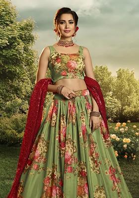 Green Printed Sequin Embroidered Lehenga Set