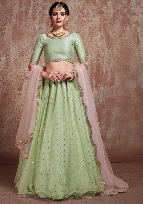 Pista Green Sequin Zari Embroidered Lehenga Set — view on Indya