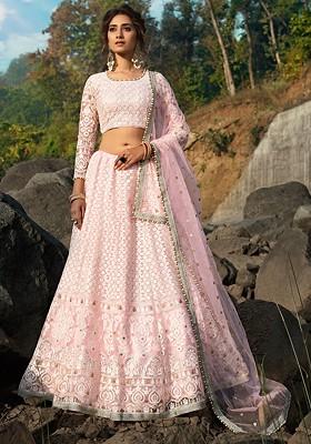Pink Zari Thread Embroidered Net Lehenga Set