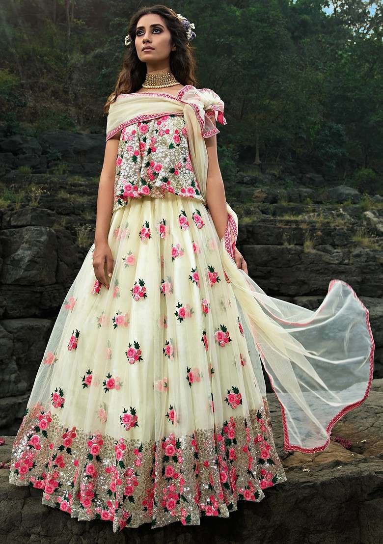 Off White Thread Sequin Embroidered Net Lehenga Set for Diwali and Festive Wear - Indya