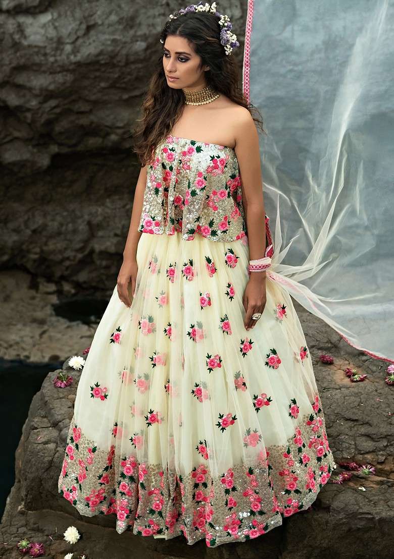 Off White Thread Sequin Embroidered Net Lehenga Set for Diwali and Festive Wear - Indya