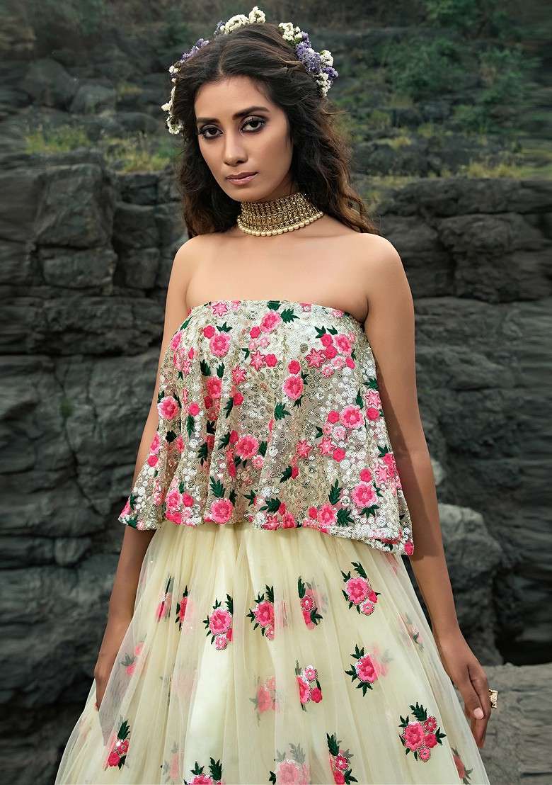 Off White Thread Sequin Embroidered Net Lehenga Set for Diwali and Festive Wear - Indya