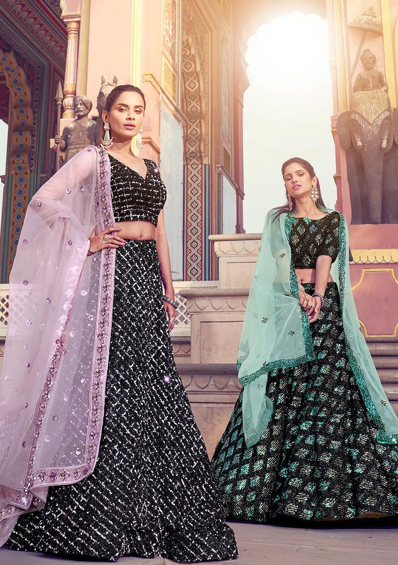 Black Sequin Embroidered Polyester Lehenga Set - Indya