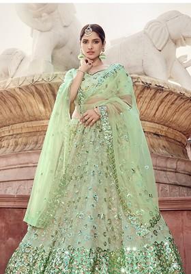 Pista Green Sequin Embroidered Net Lehenga Set